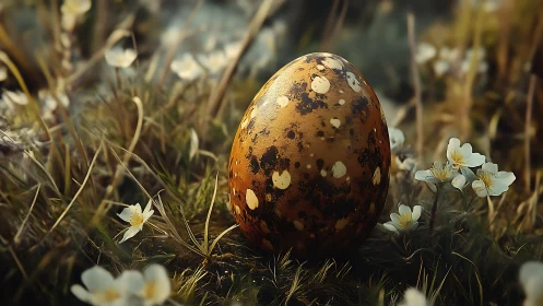 Golden speckled egg resting gently in a wildflower meadow.