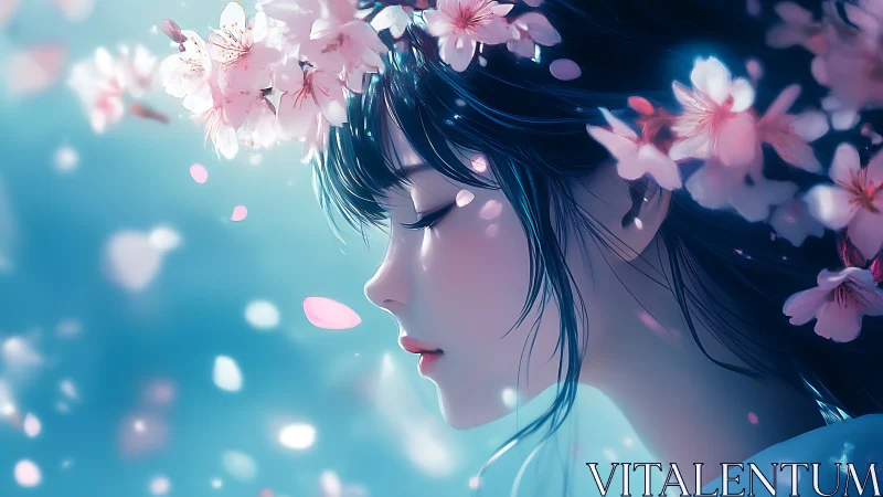 Serene profile girl with cherry blossoms drifting softly