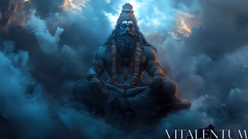 Divine blue deity meditates in dramatic celestial clouds.