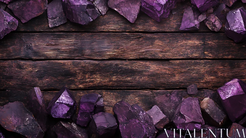 Deep violet crystals rest gently along rustic wooden boards