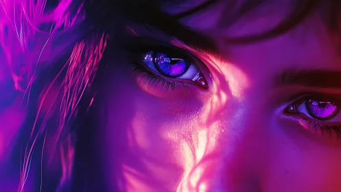 Iridescent violet eyes under neon magenta rim lighting.
