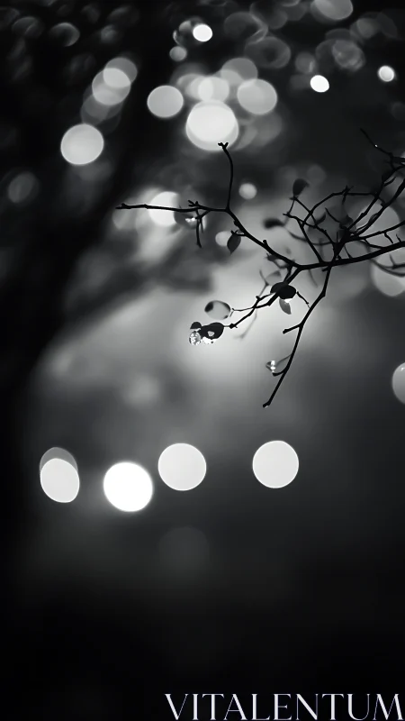 Monochrome branch silhouette with circular light bokeh.