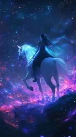 Starlit rider on luminous horse traverses cosmic nebula field