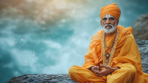 Elderly monk in saffron robes meditates on rock before soft bokeh sea