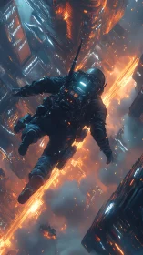 Armored skydiver descends through burning cyberpunk city