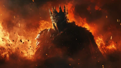 Armored crowned figure stands silhouetted against dense flames