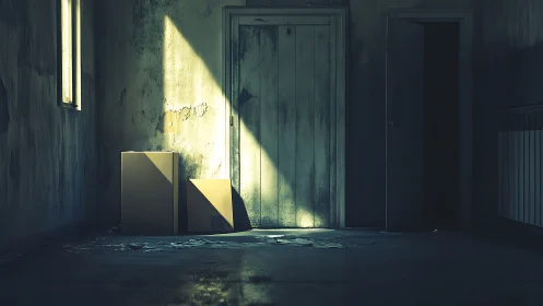 Sunlit doorway casts stark beam across abandoned room.
