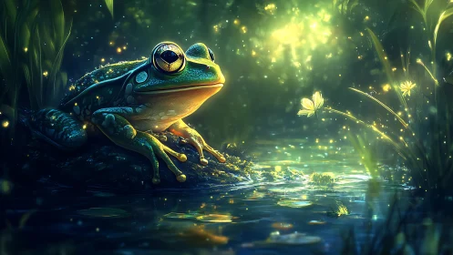 Moonlit frog watches glowing fireflies dance above the pond