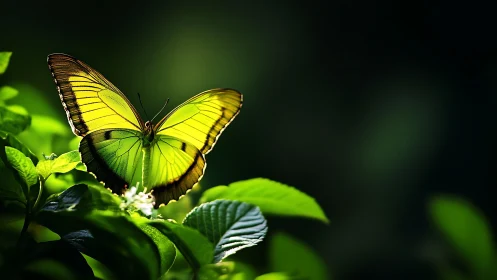 Luminous green butterfly rests on leaves in forest light.