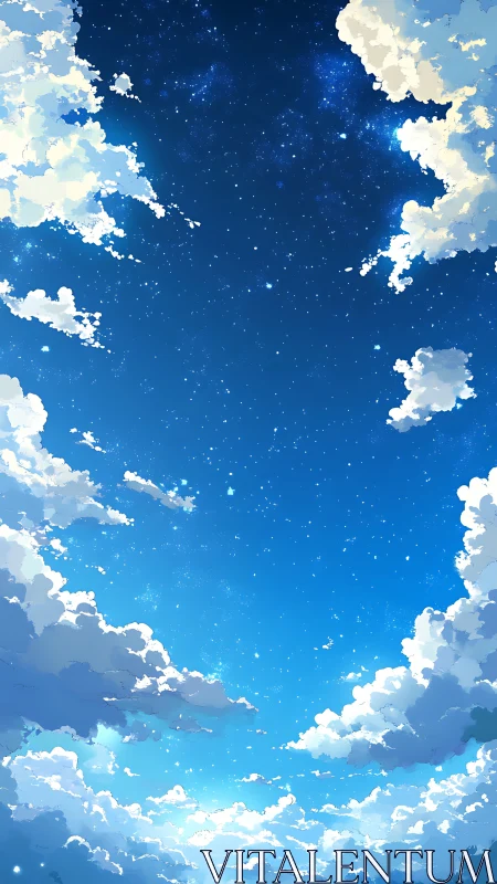 Cloud chorus framing a star-sprinkled afternoon sky window.