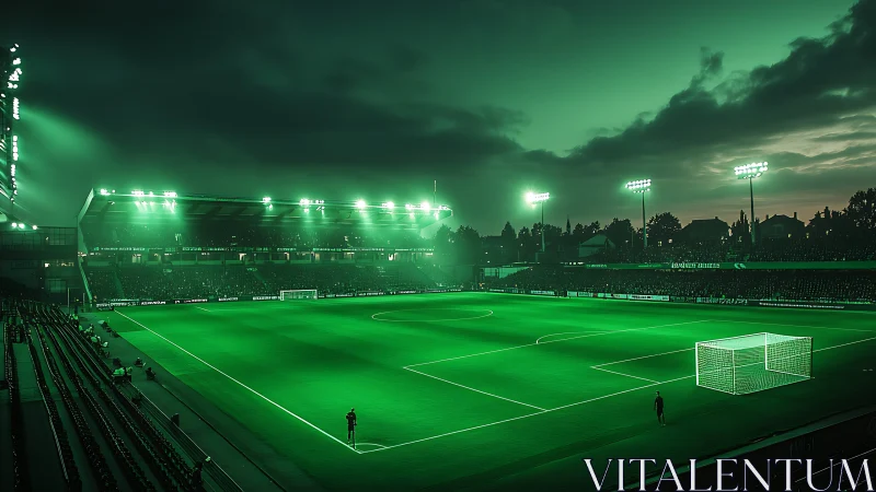 Floodlit football stadium under vivid green night sky.