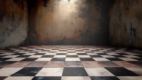 Distressed checkerboard room shows aged textures and top lighting