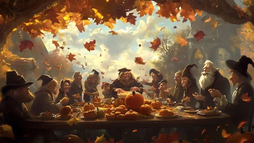 Joyful autumn feast gathers cheerful wizards under falling leaves