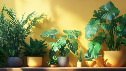 Houseplants arranged on shelf against yellow wall.