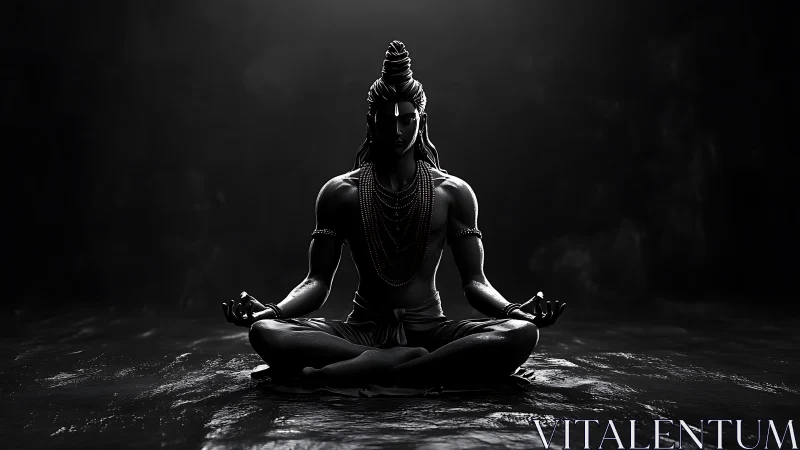 Silent obsidian yogi distills moonlit calm into darkness