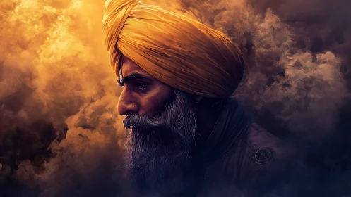 Digital portrait of turbaned elder in dramatic smoke glow.