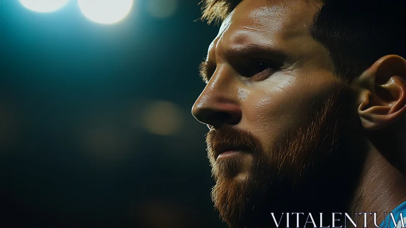 Side-lit close-up profile of a bearded male football player