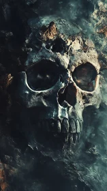 Weathered stone skull embedded in dark rocky cavern wall.
