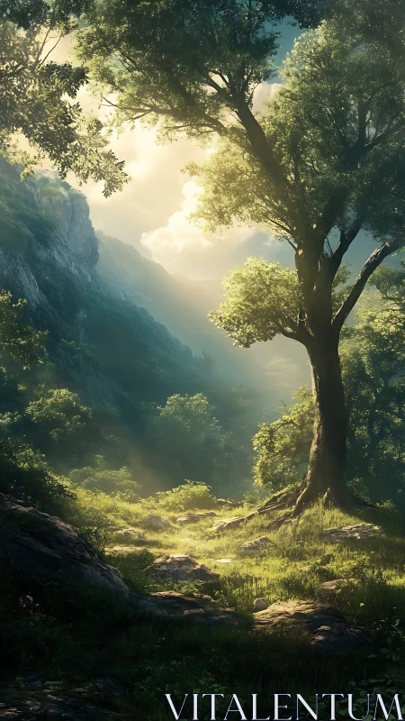 Ancient Canopy: Luminous Valley Canyon with Sentinel Tree Archway.