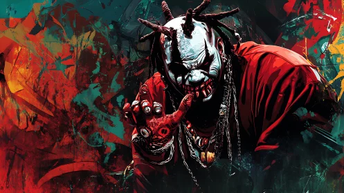 Sinister clown figure emerging from chaotic neon graffiti.