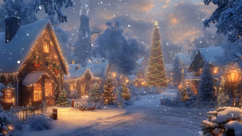 Snow-laden village street with illuminated Christmas architecture.