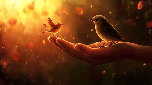 Gentle golden moment with two birds resting in a hand.