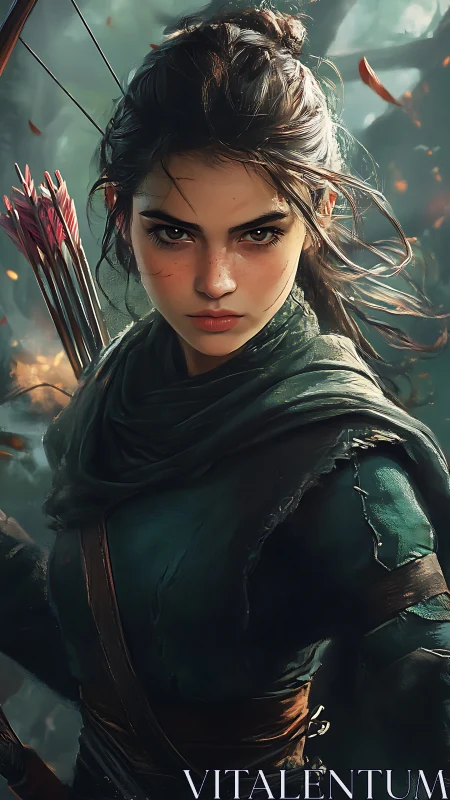 Forest rogue archer with storm-bright eyes in mid-hunt.