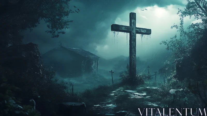 Large stone cross in dark stormy graveyard at night.