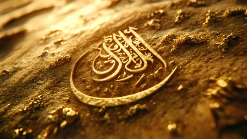 Elegant golden Arabic calligraphy on textured surface, warm lighting.