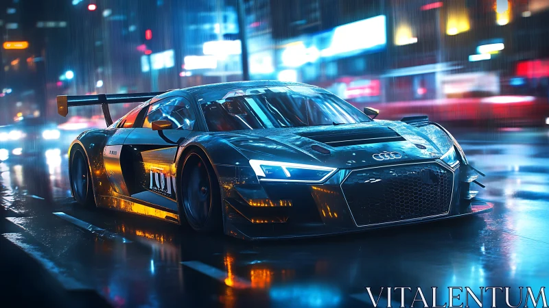 Racing supercar cuts neon city street under heavy rain.