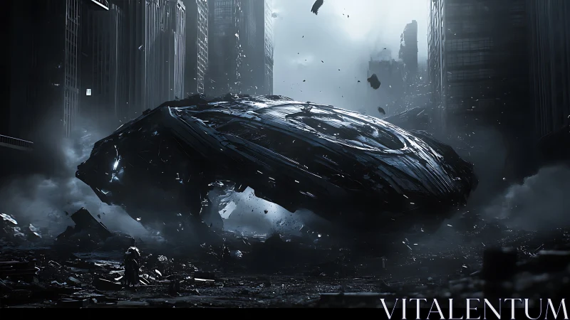 Craterside inspection of levitating wrecked alien disccraft.