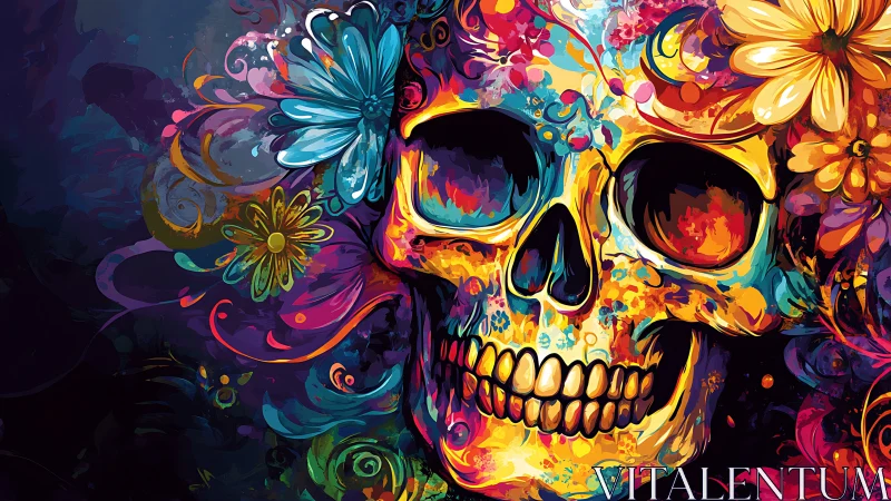 Vibrant floral skull glows in a swirling neon night