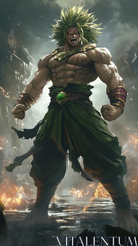 Muscular green-haired warrior roaring amid burning ruins