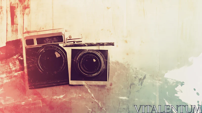 Vintage twin cameras on distressed pastel backdrop.
