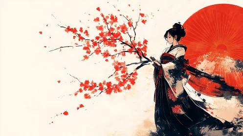 Kinetic kimono silhouette with vermilion sun and maple drift.