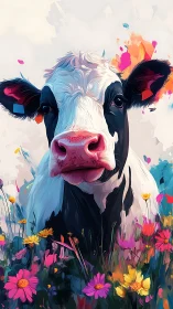 Gentle cow in a rainbow meadow of blooming wildflowers.