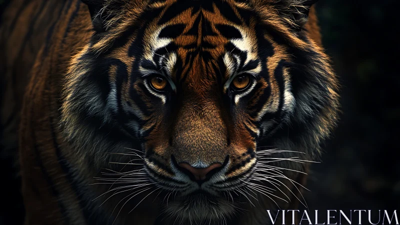 Tiger eyes burn through shadowed jungle dusk portrait.