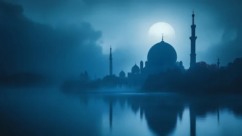 Mosque silhouette with full moon over reflective water.