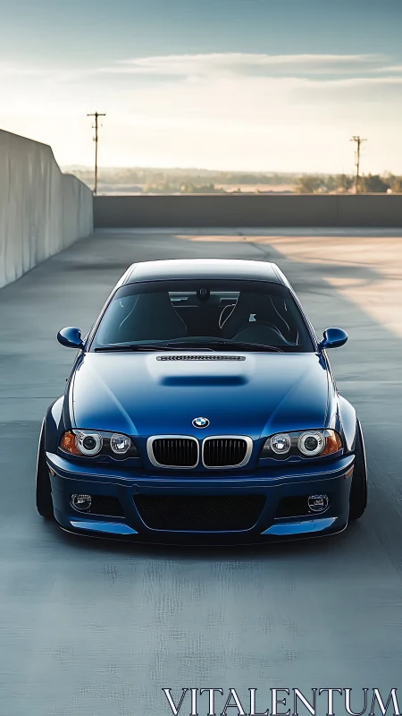 Blue performance coupe dominates sunlit rooftop parking deck.