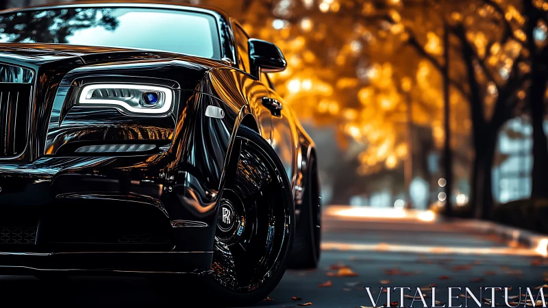 Black luxury coupe is parked on a tree-lined street in autumn