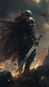 Lone armored wanderer crossing embers and gathering storm.