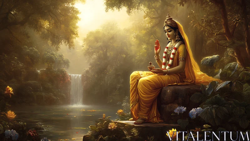 Seated robed figure by forest waterfall with ritual vessel.