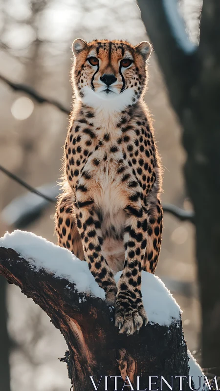 Regal cheetah poised on snowy branch in soft winter backlight.