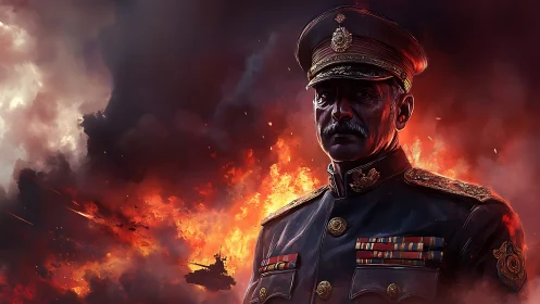 War-scarred admiral stands resolute before burning horizon