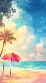 Vibrant coastal beachscape with red parasol and palm tree