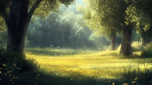 Sunlit Forest Path with Ancient Trees and Glowing Meadow
