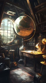 Vintage globed study in sunlit attic observatory.