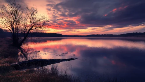 Twilight lake panorama with bare shoreline tree and vivid clouds
