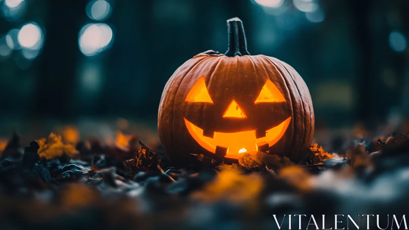 Illuminated carved pumpkin on forest floor at dusk.