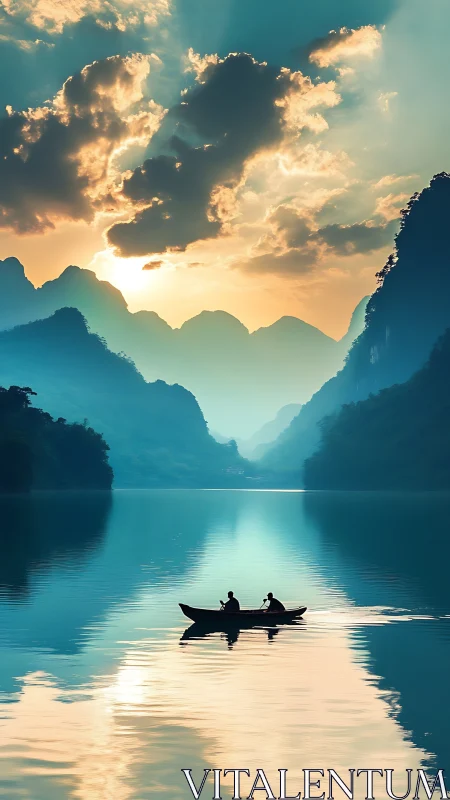 Peaceful boat journey across a glowing mountain lake at dawn.